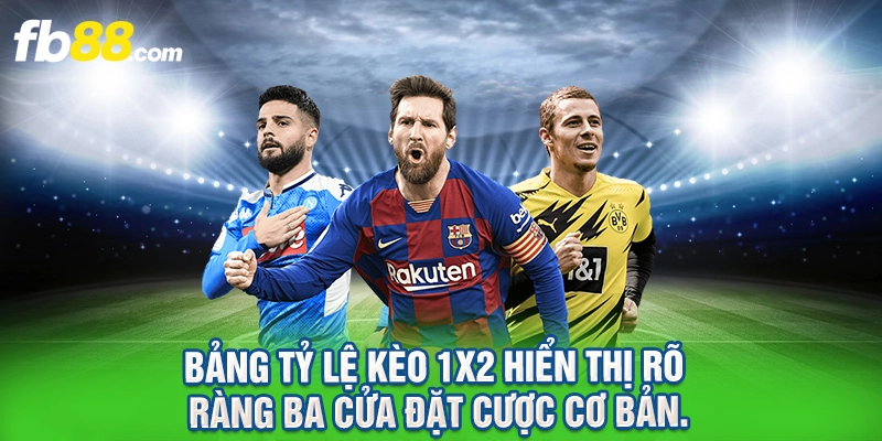 Bảng tỷ lệ kèo 1x2 hiển thị rõ ràng ba cửa đặt cược cơ bản.